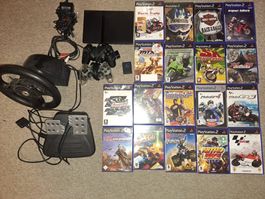 Playstation 2 Konsole mit Lenkrad und Motorrad Töff Games Ps