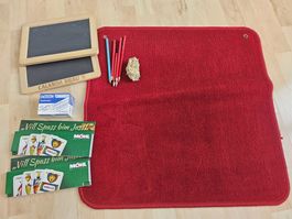 Jass Set mit Schiefertafeln Kreide und Spielunterlage