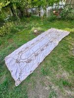 Nappe ancienne en lin de 4m. brodée main rose poudré 1930