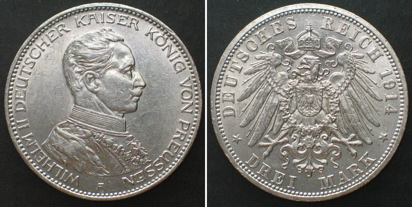 PREUSSEN Kaiserreich 3 Mark 1914 A WILHELM II unz-/unz (Gebraucht) in ...