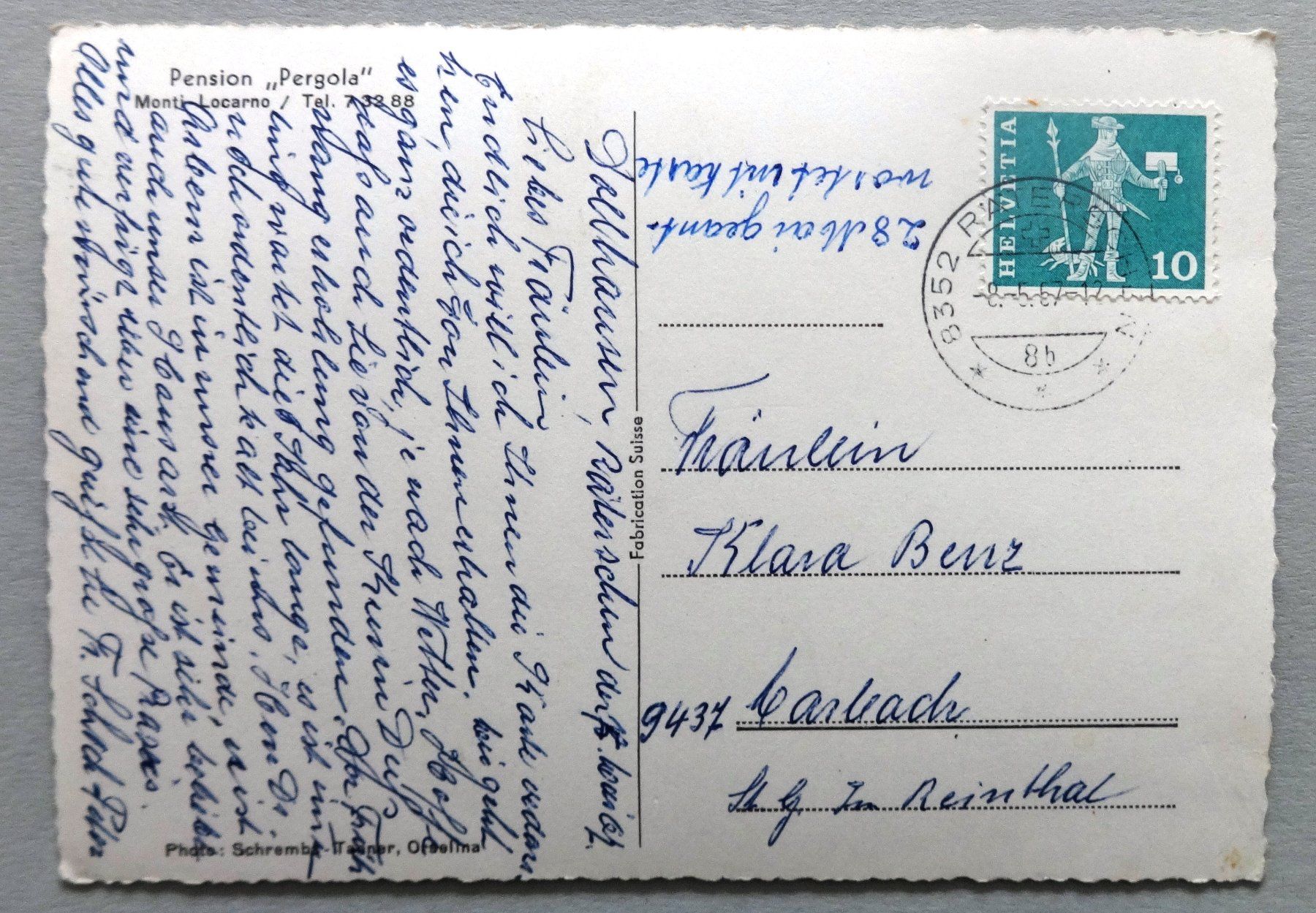 Cartes postales: Pension "Pergola", Monti-Locarno – D'occasion à Fétigny par Billy2miny 1