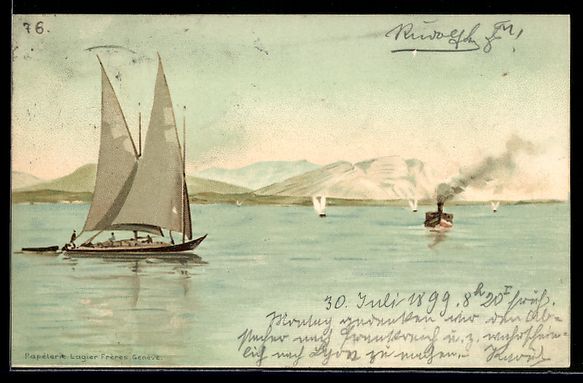 Ansichtskarten: Litho Genf, Panorama mit Segelboot, 1899 – Gebraucht aus Berlin von bartko-reher