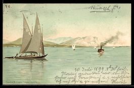 Litho Genf, Panorama mit Segelboot, 1899