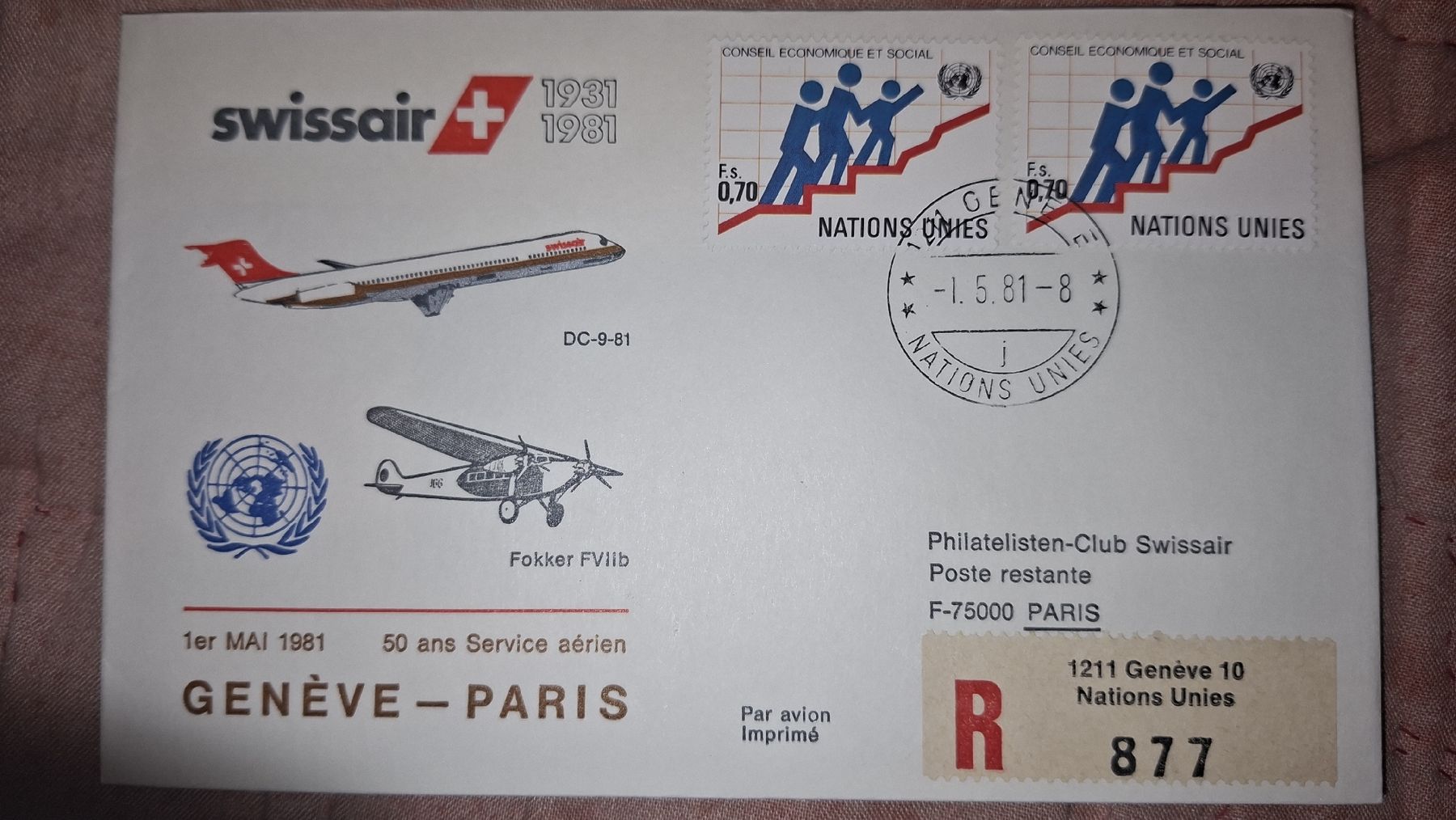 Tutti i francobolli: Swissair Geneve - Paris 01.05.1981 – Usato da Balgach venduto da SIMEON27