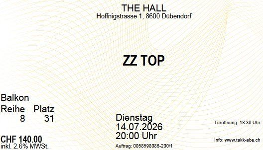 Tickets: ZZ TOP - 2 Sitzplatz Tickets - The Hall - 14.07.26 – Gebraucht aus Nürensdorf von Jx3p