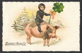 Neujahrskarte Bonne Année mit Schwein