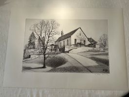Lithographie von Willi Buck „Kapuziner Kloster Wil“ 