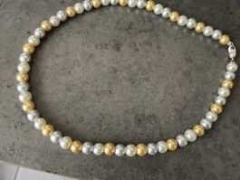 Collier perles bicolores argent et doré fermoir 925
