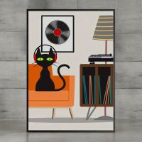 Poster affiche Chat Noir Vintage écoutant un Disque Vinyle