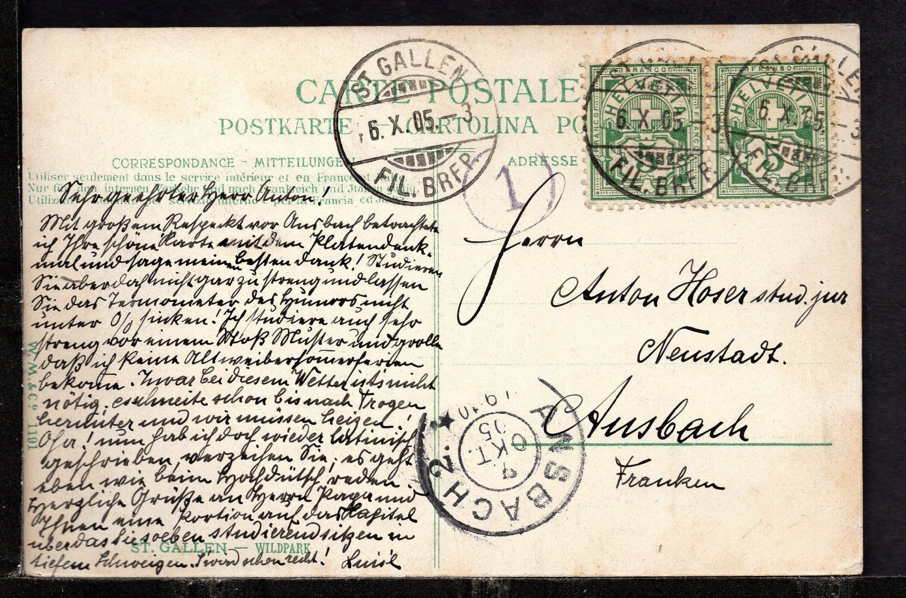 Cartoline postali: St. Gallen  Wildpark Peter u. Paul 1905 – Usato da Aarau venduto da kufi44 1