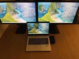 Laptop with docking station and 2 monitors with cables