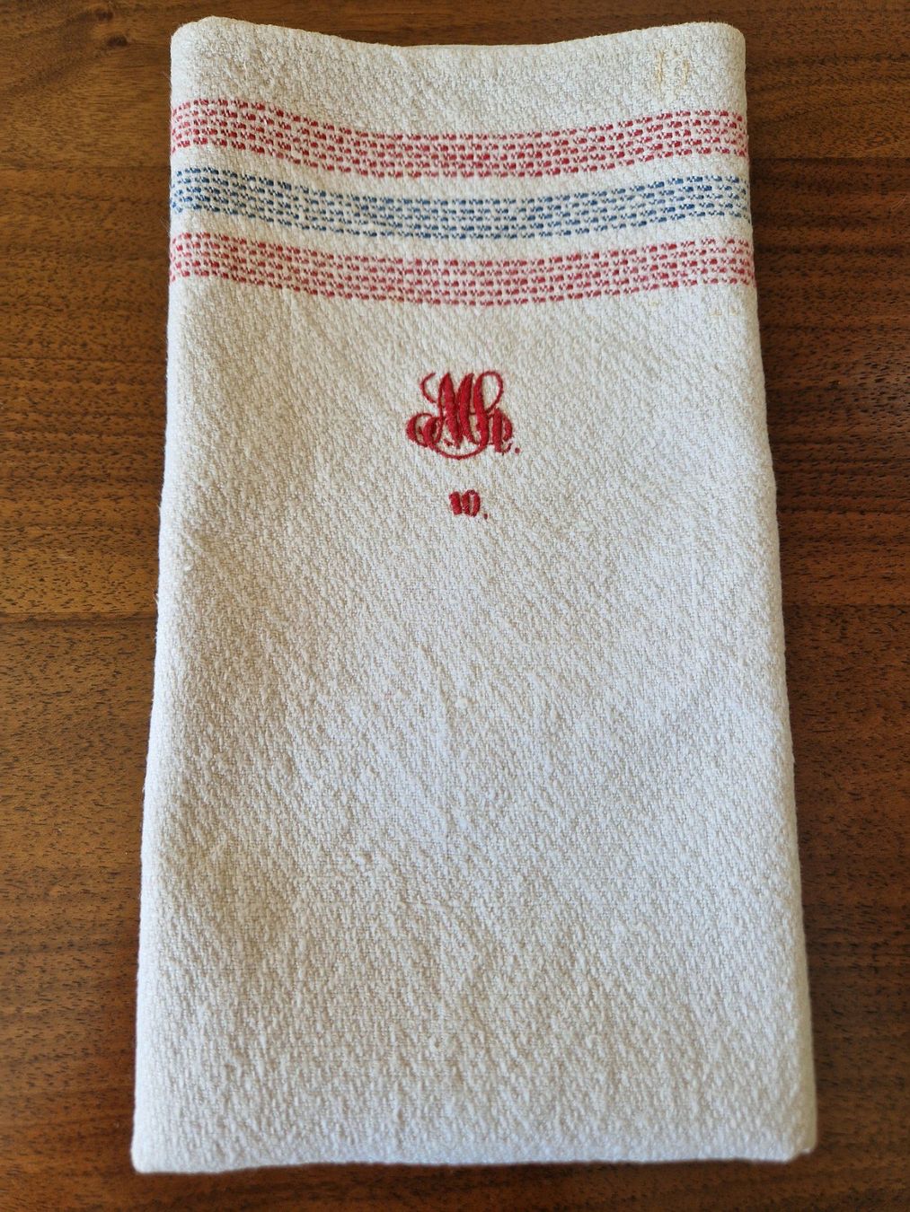 Strofinacci: 3 Geschirrtücher Leinen mit Monogramm rot blau gestreift – Usato da Bern venduto da Antikbatik 3