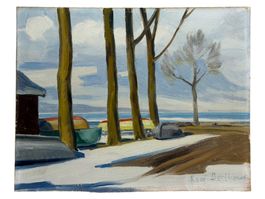 René BERTHOUD (né en 1934) huile sur panneau Hiver aux Iris