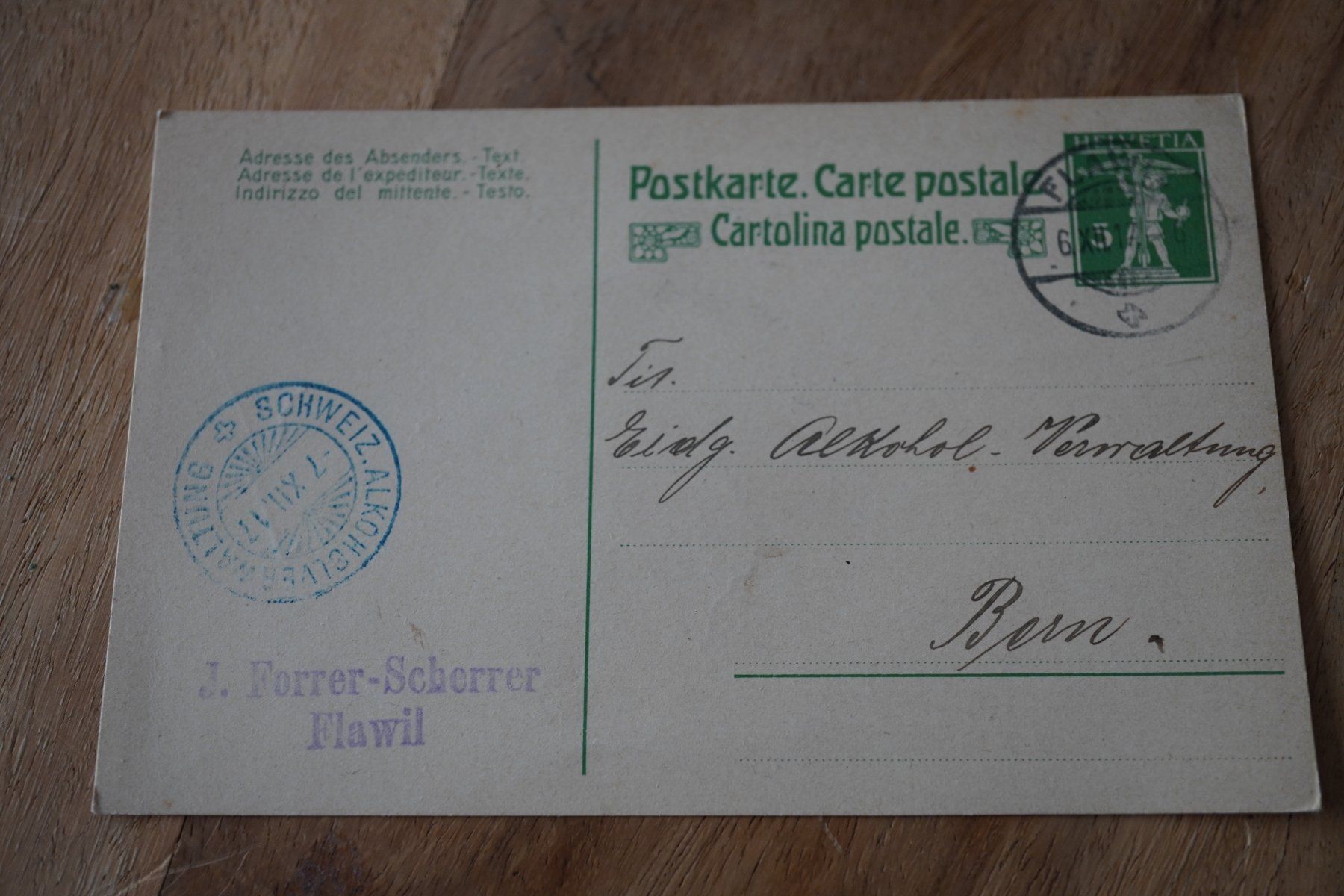 Cartoline postali: Schweiz  Alkoholverwaltung  1917 Postkarte – Usato da Eschenbach SG venduto da craniums