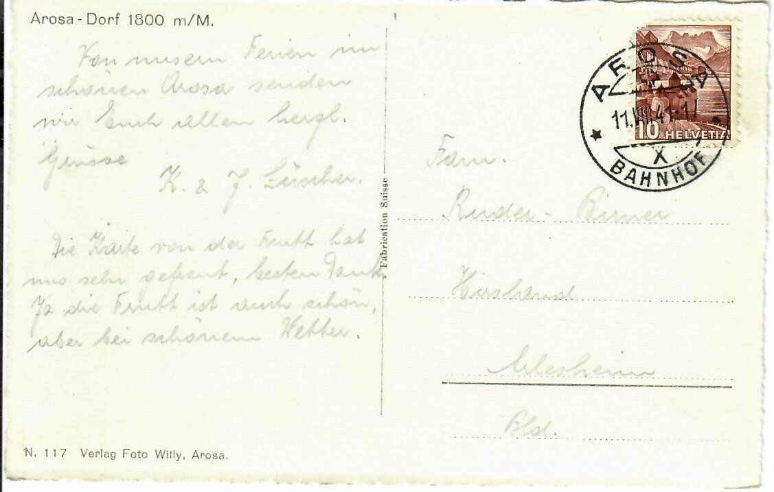 Cartoline postali: Arosa 1941 – Usato da Hochdorf venduto da Ziegel-16 1