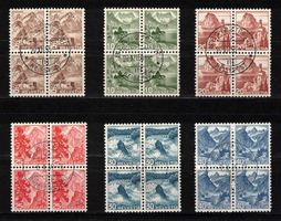 1948 Landschaftsbilder Nr. 284-290, 4er-Blocks mit Zentrum-ʘ