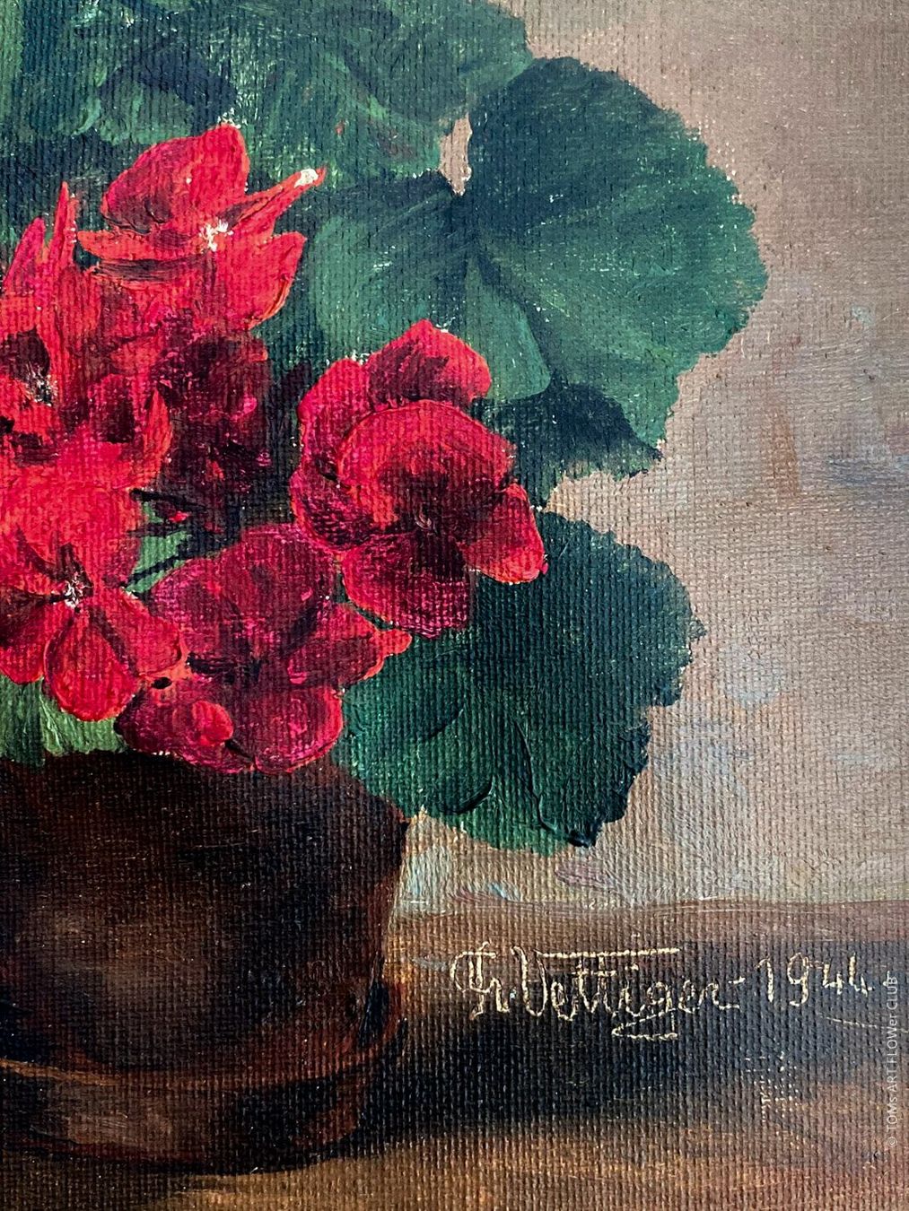 Dipinti: Franz Vettiger, 1944, rote Geranien, Oelgemälde – Usato da Adliswil venduto da TAKEYOURPLANT 3