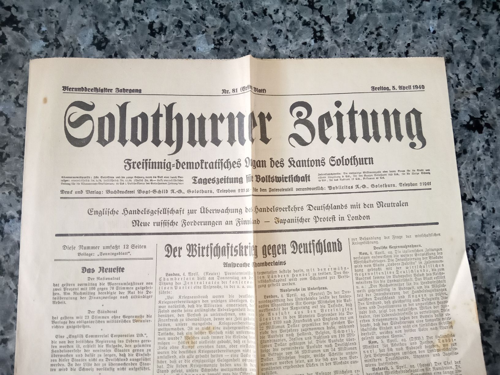 Riviste & Magazine: Solothurner Zeitung 5. April. 1940 – Usato da Hägendorf venduto da Yahuhu01