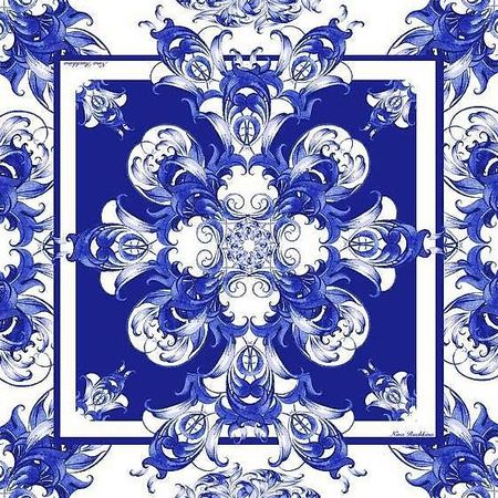 Foulard soie 90*90 bleu blanc, style baroque vintage chic
