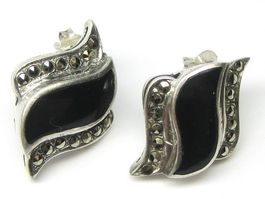 Antik Ohrringe Ohrstecker Silber 925 Onyx Markasiten