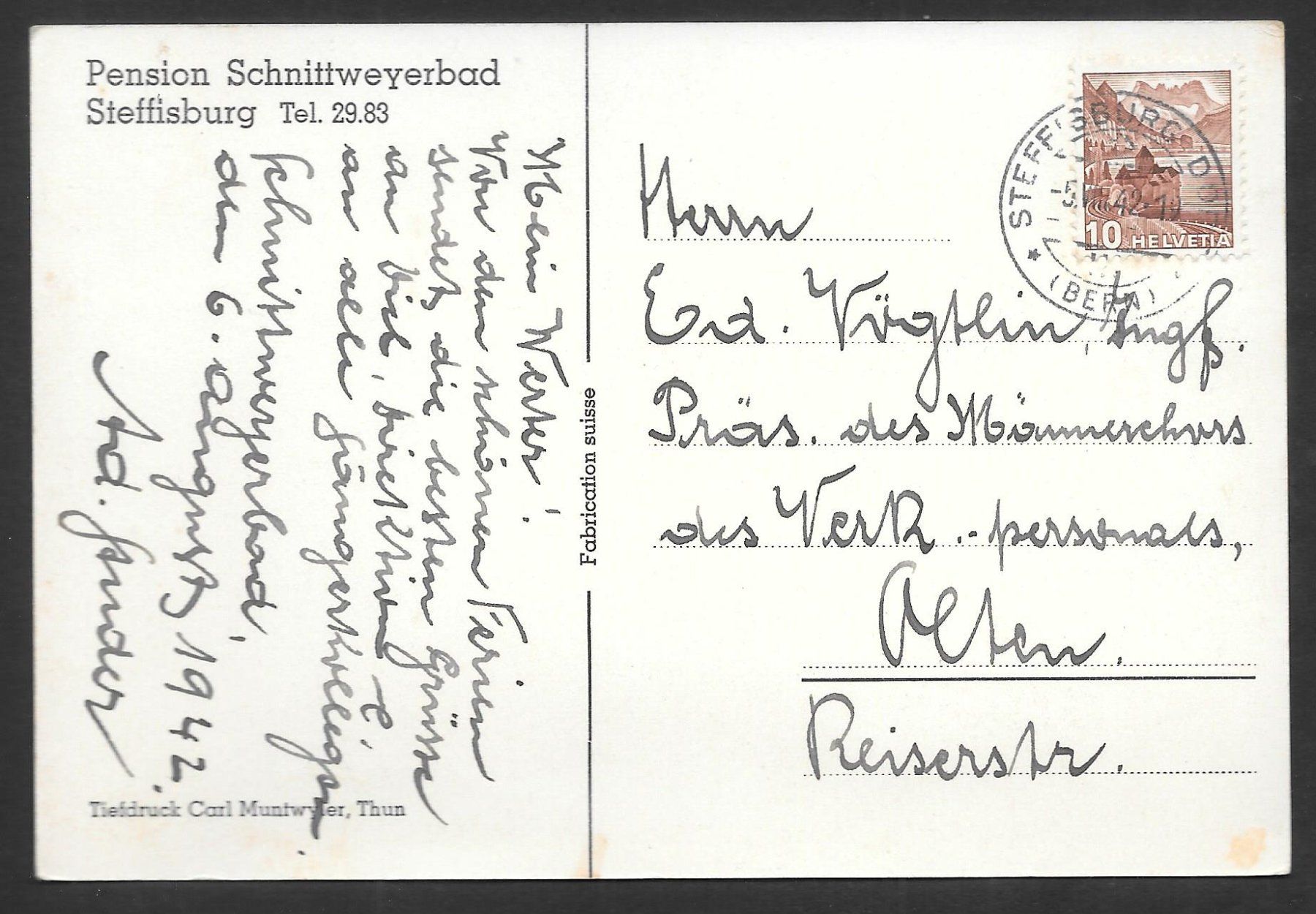 Cartoline postali: Steffisburg Pension Schnittweyerbad – Usato da Olten venduto da clotaldi 1