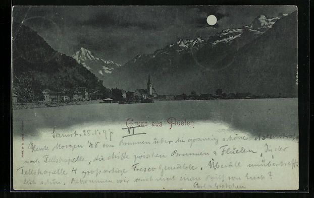 Cartoline postali: Mondschein-AK Flüelen, Panorama, 1897 – Usato da Berlin venduto da bartko-reher