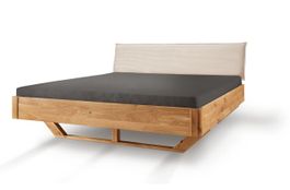 Bett CORDULA Wildeiche massiv Kopfteil Cord beige 140 x 200