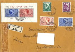 Jubiläumsblock Pro-Juventute 1937 mit Satz 1937 auf Brief