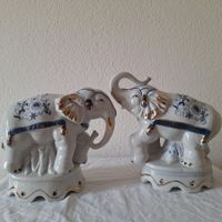 2 Vintage Deko Elefanten, blau weiss gold