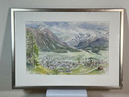 Aquarell Engadin Samedan mit Blick Pontresina Bernina