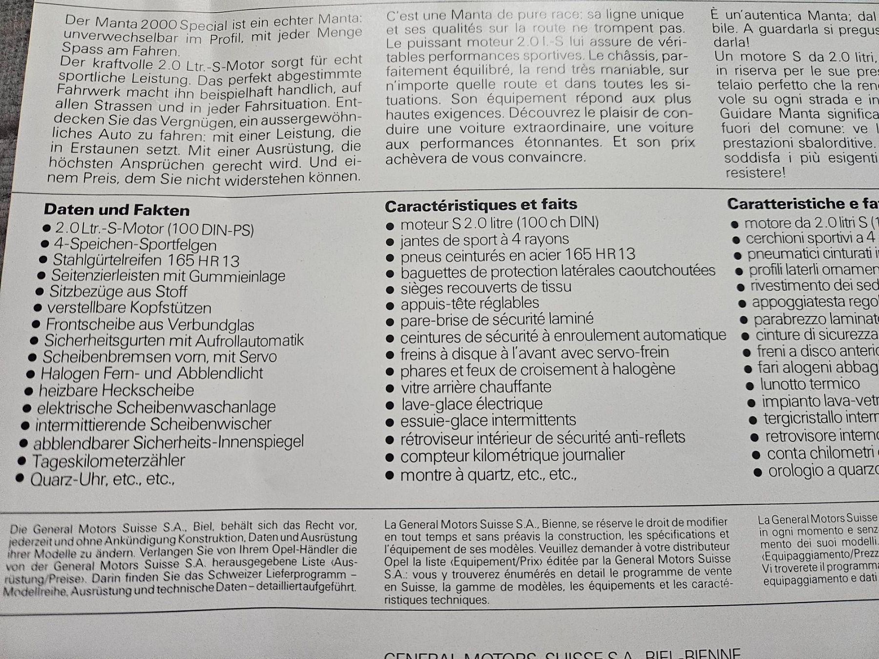 Opel Documenti: Opel Manta 2000 Special  Prospekt 1978 xb – Usato da Flawil venduto da sr1_f6st 1