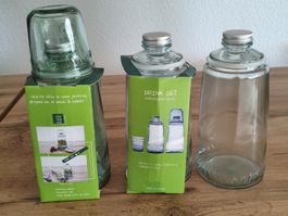 Ab 1.-🔥Getränkekaraffe mit 1 Becher 100% Recycling Glas neu