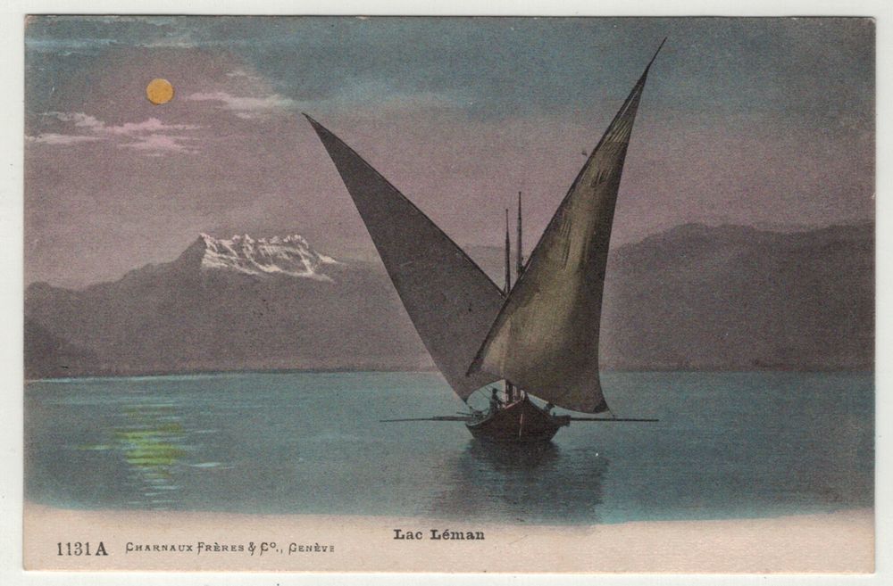 Photochromie Vintage Du Lac Léman Avec Barque - Format 17x22 Cm, Circa 1893, Couleurs, Référence ME1593