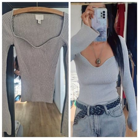 Gr.XS Pull décolleté gris cintré neuf avec fibres argentées