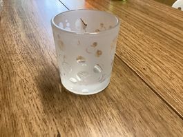 Teelichthalter aus Glas, mattiert mit goldenen Punkten