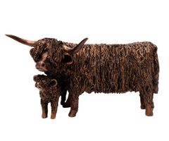 Skulptur Highland Rinder Mutter mit Kind Figur Bronze Ochse