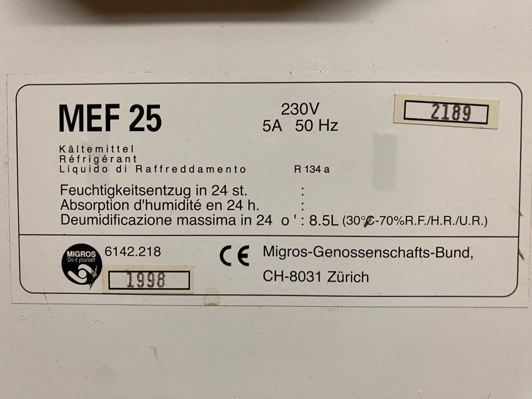Deumidificatori: Luft Entfeuchter MEF 25 – Usato da Sennhof-Winterthur venduto da mel-reto 7
