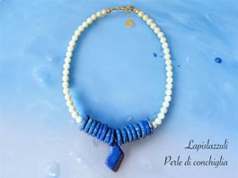 Unikat 💎 Neue Halskette Lapislazuli und Muschelkern-Perlen