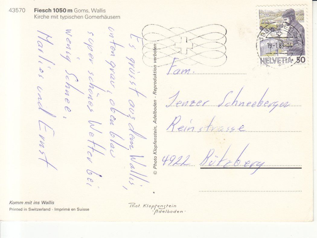 Cartoline postali: Fiesch 1989 – Usato da Bürglen TG venduto da StampGraf 1