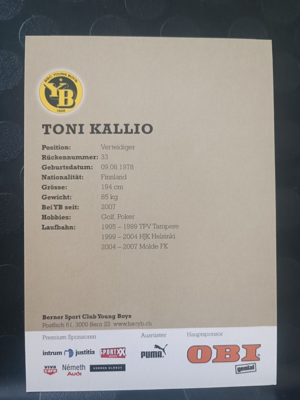 Autogramme: Toni Kallio - YB Bern - handsignierte Karte – Gebraucht aus Menziken von Artographs 1