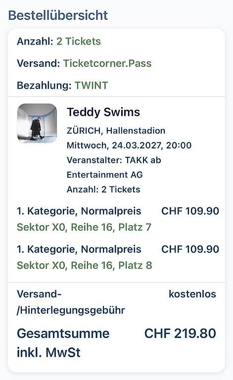 Biglietti: Tickets Teddy Swims – Nuovo e nell'imballaggio originale da Wimmis venduto da Cooggee 1