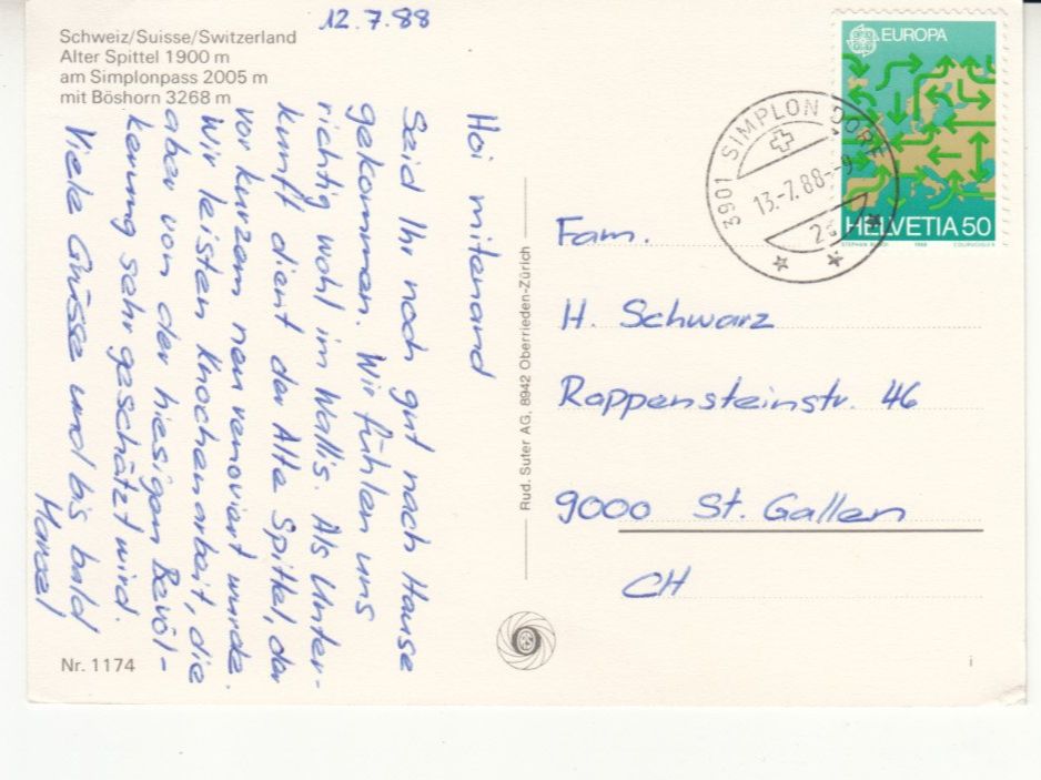 Ansichtskarten: Simplonpass 1988 – Gebraucht aus Bürglen TG von StampGraf 1