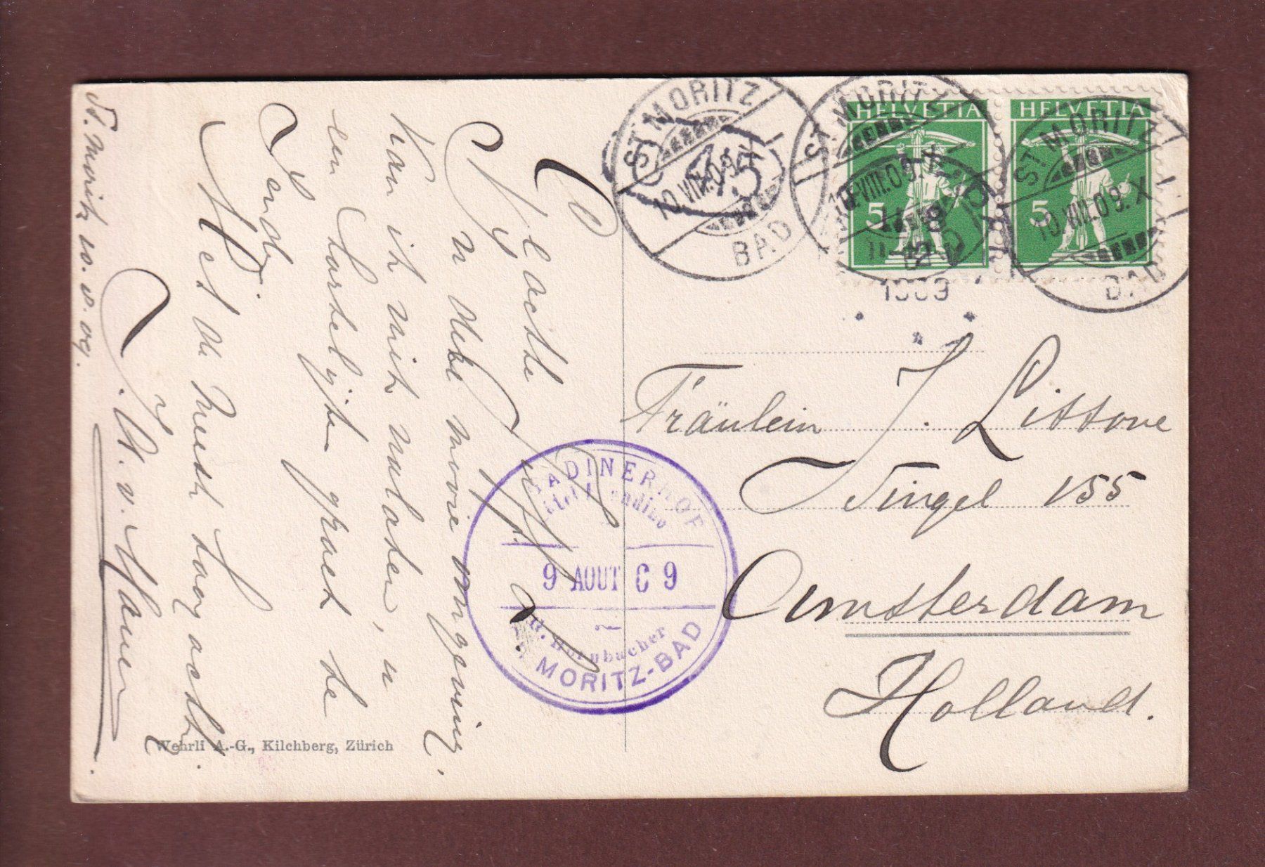 Cartoline postali: ST. MORITZ-BAD und DORF - 1909 – Usato da Pully venduto da nicecards 1