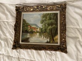 Vintage Ölgemälde im Goldrahmen - Sommerliche Seelandschaft