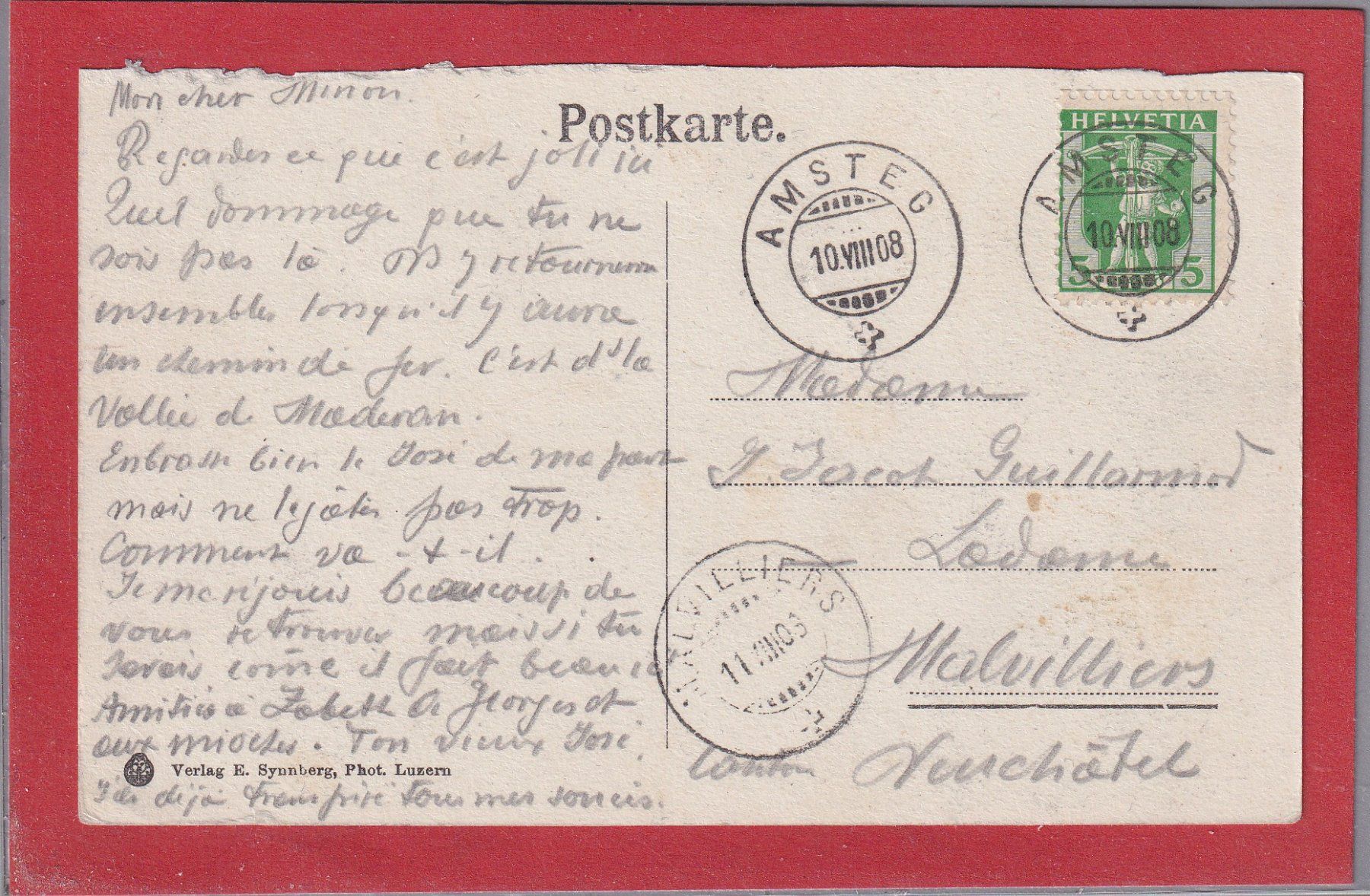 Cartoline postali: Bristen mit Kärstelnbach (GL) - 1908 – Usato da Orvin venduto da Pyaeschli 1