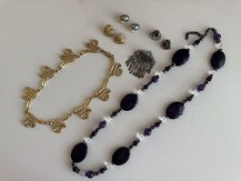 Lot vintage Modeschmuck Konvolut Halskette Broche Ohrclips 