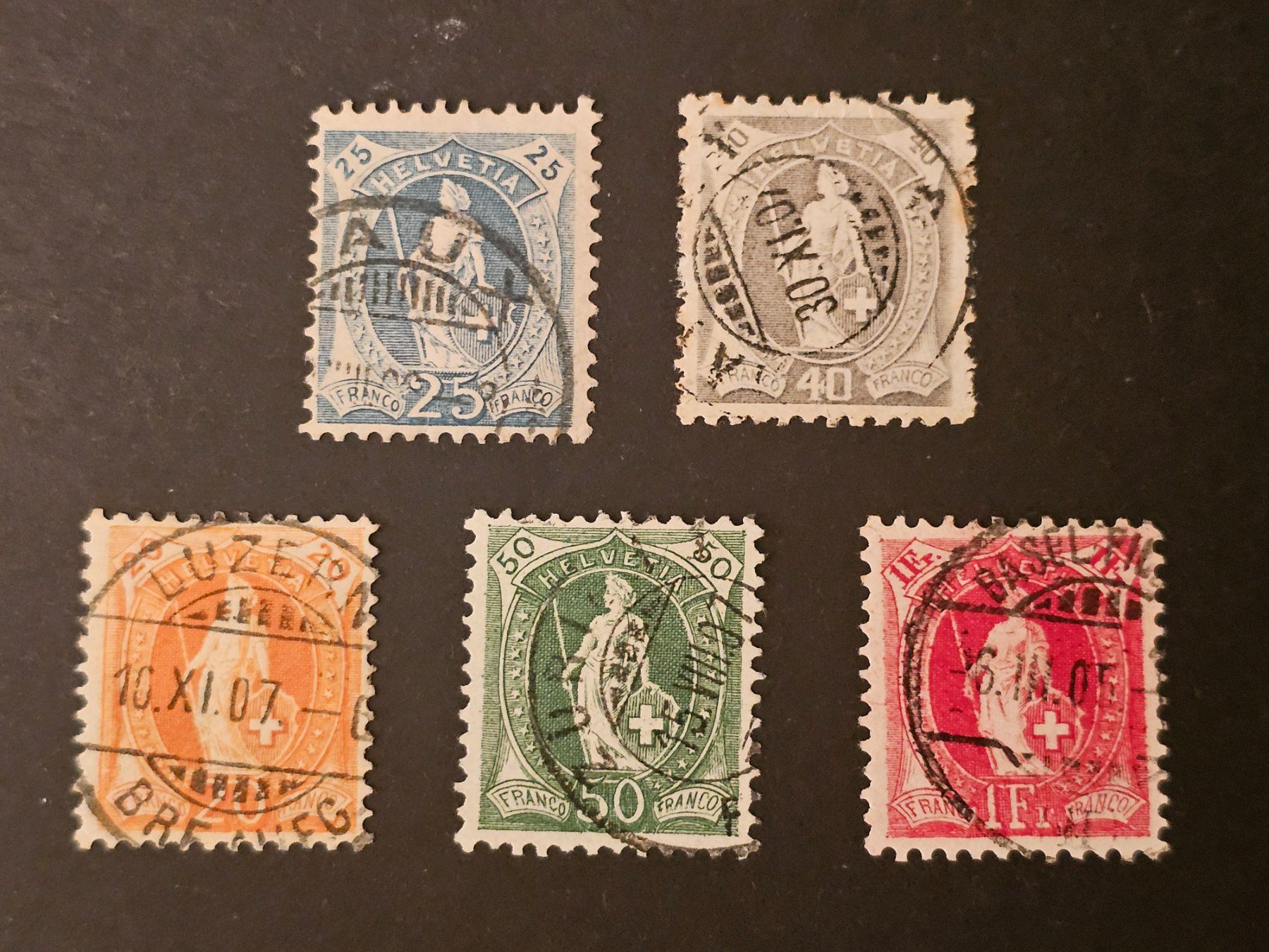 Tutti i francobolli: CH 1906-07 Helvetia in piedi B e C SBK Fr. 123.-- – Usato da Monte Carasso venduto da giave