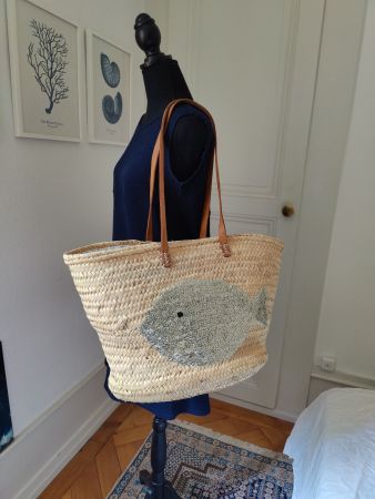 Beach Sequin fish straw basket leather straps cotton liner