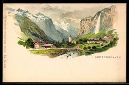 Lithographie Lauterbrunnen, Panorama mit schneebedeckten Ber