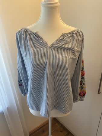 Mango Bluse gestreift mit Stickerei blau Grösse S